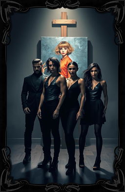 A dramatic scene featuring two male leads and two female leads, all dressed in sleek black outfits that blend into the shadows around them