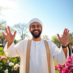 A happy Muslim man with a warm smile, wearing traditional attire such as a white thobe and a matching headscarf