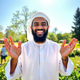A happy Muslim man with a warm smile, wearing traditional attire such as a white thobe and a matching headscarf