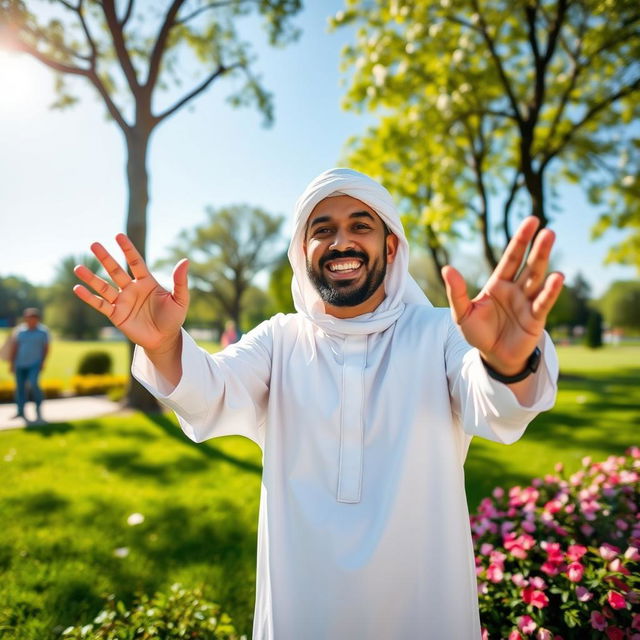 A happy Muslim man with a warm smile, wearing traditional attire such as a white thobe and a matching headscarf