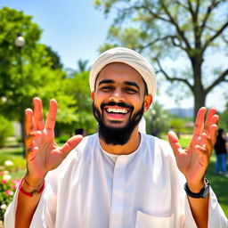 A happy Muslim man with a warm smile, wearing traditional attire such as a white thobe and a matching headscarf