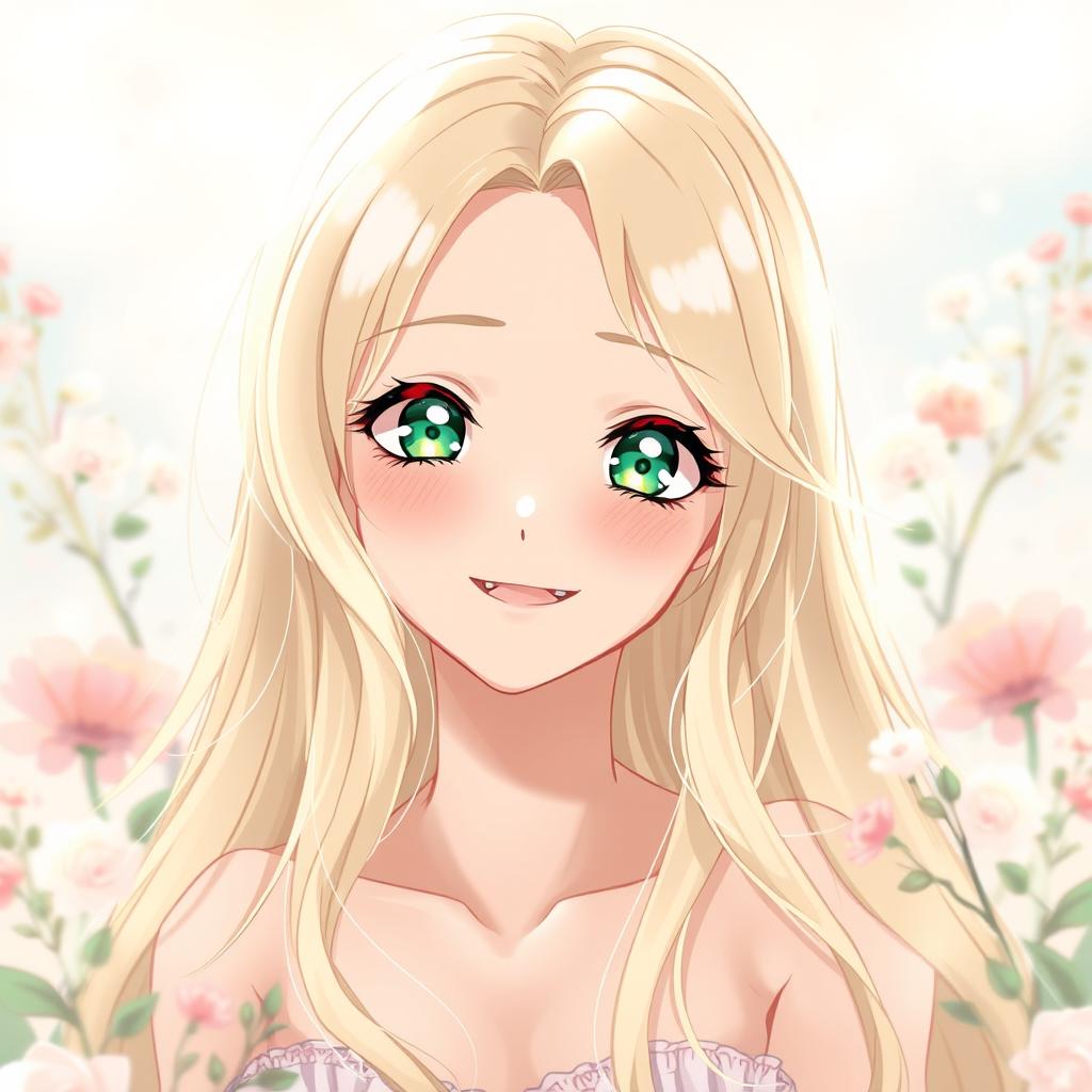 An exquisite anime-style art depicting a beautiful woman with long blonde hair and striking green eyes, expressing a moment of serene joy in a soft, ethereal environment