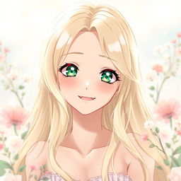 An exquisite anime-style art depicting a beautiful woman with long blonde hair and striking green eyes, expressing a moment of serene joy in a soft, ethereal environment