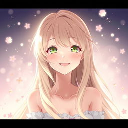 An exquisite anime-style art depicting a beautiful woman with long blonde hair and striking green eyes, expressing a moment of serene joy in a soft, ethereal environment
