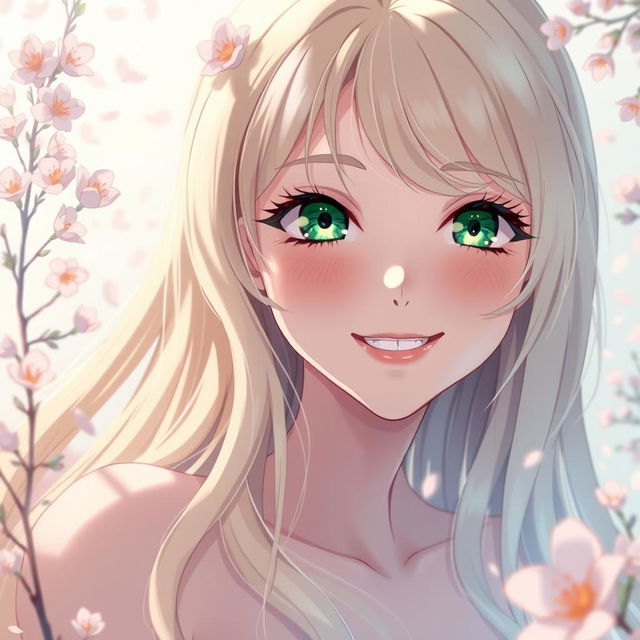 An exquisite anime-style art depicting a beautiful woman with long blonde hair and striking green eyes, expressing a moment of serene joy in a soft, ethereal environment