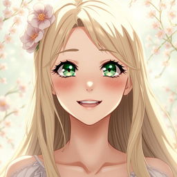 An exquisite anime-style art depicting a beautiful woman with long blonde hair and striking green eyes, expressing a moment of serene joy in a soft, ethereal environment