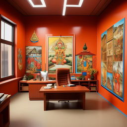 A moderately decorated chief's office on a campus with a Nepali theme. The office should feature cool colors, wall pictures showcasing Nepali culture and a simple interior design.