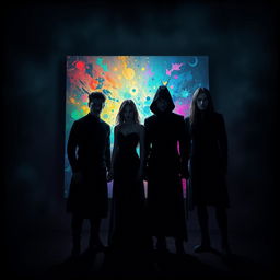 A fantastical scene featuring two male leads and two female leads, all clad in all-black outfits that seamlessly blend into the surrounding shadows, embodying an air of mystery and intrigue