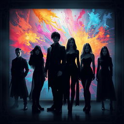 A fantastical scene featuring two male leads and two female leads, all clad in all-black outfits that seamlessly blend into the surrounding shadows, embodying an air of mystery and intrigue