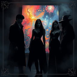 A fantastical scene featuring two male leads and two female leads, all clad in all-black outfits that seamlessly blend into the surrounding shadows, embodying an air of mystery and intrigue
