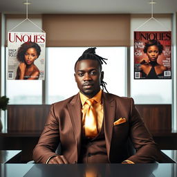 A handsome black man with well-groomed dreadlocks pulled back into a neat ponytail at the nape of his neck, dressed in an elegant brown and gold suit with a shiny gold straight tie