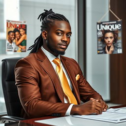 A handsome black man with well-groomed dreadlocks pulled back into a neat ponytail at the nape of his neck, dressed in an elegant brown and gold suit with a shiny gold straight tie