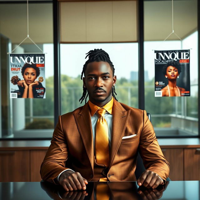 A handsome black man with well-groomed dreadlocks pulled back into a neat ponytail at the nape of his neck, dressed in an elegant brown and gold suit with a shiny gold straight tie