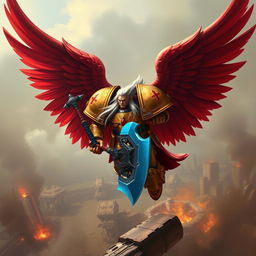 A striking Blood Angel Space Marine in mid-flight above a battlefield, featuring two enormous, vibrant red wings spread majestically