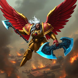 A striking Blood Angel Space Marine in mid-flight above a battlefield, featuring two enormous, vibrant red wings spread majestically
