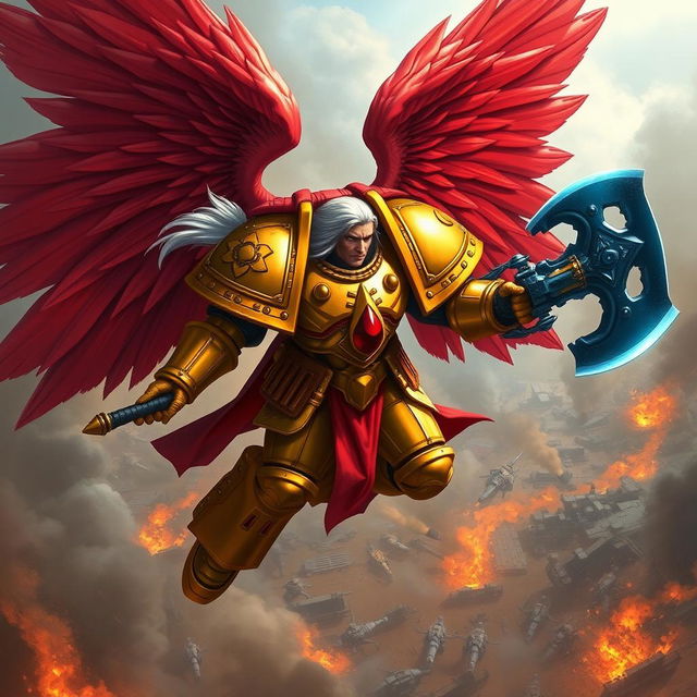 A striking Blood Angel Space Marine in mid-flight above a battlefield, featuring two enormous, vibrant red wings spread majestically