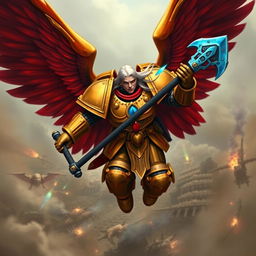 A striking Blood Angel Space Marine in mid-flight above a battlefield, featuring two enormous, vibrant red wings spread majestically