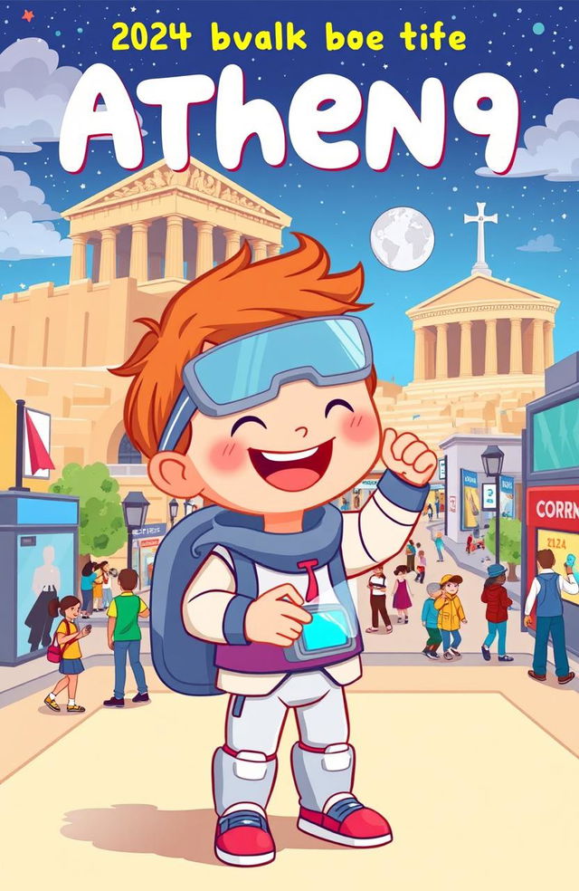 A vibrant, cartoonish children's book cover featuring a young child from the future, wearing futuristic clothing and gadgets, joyfully traveling back in time to Athens, Greece in the year 2024