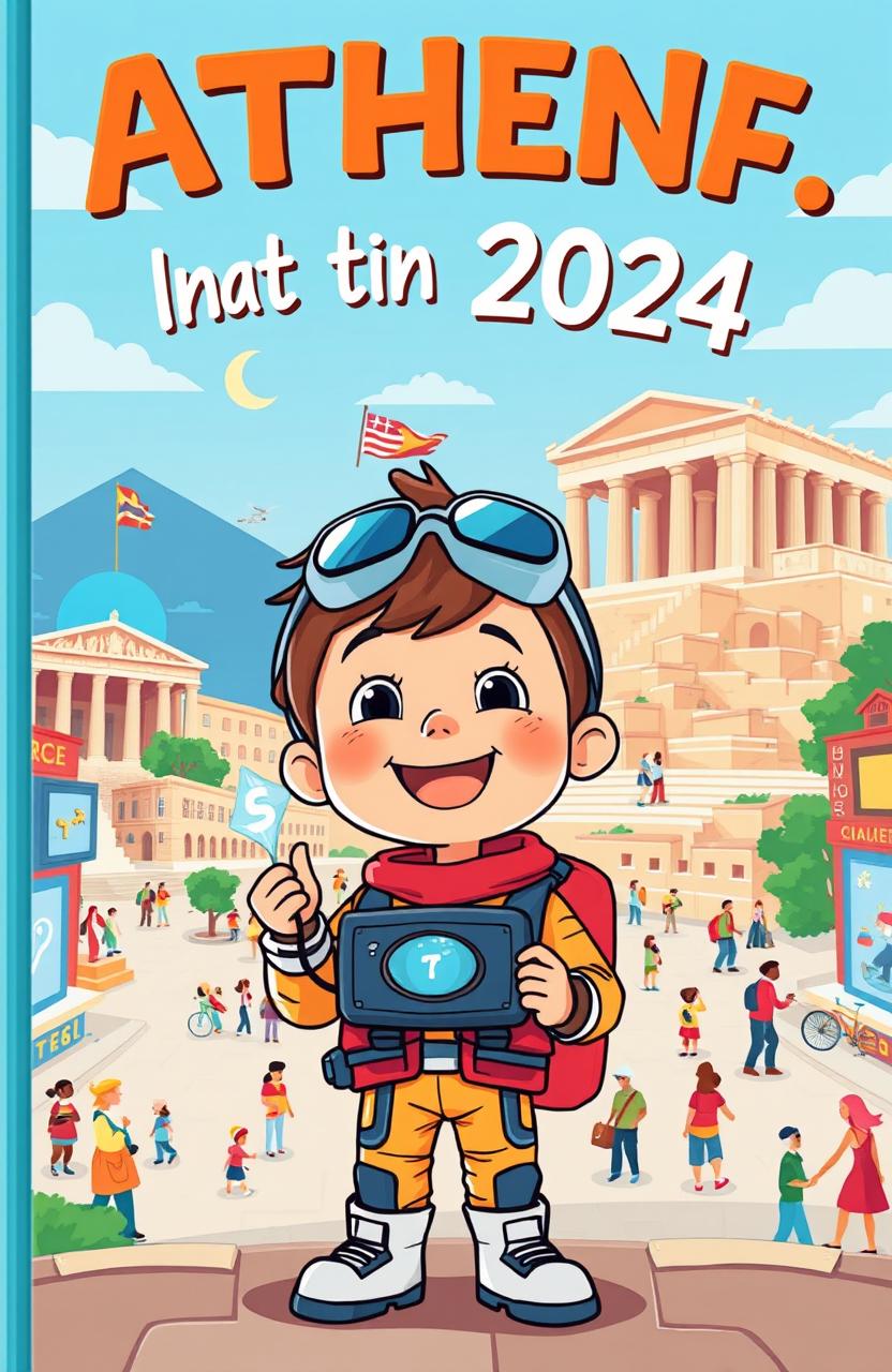 A vibrant, cartoonish children's book cover featuring a young child from the future, wearing futuristic clothing and gadgets, joyfully traveling back in time to Athens, Greece in the year 2024