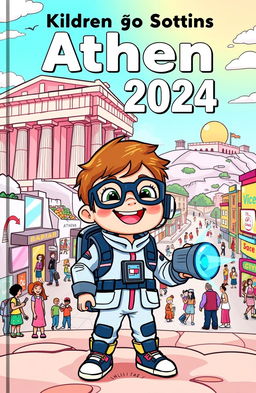 A vibrant, cartoonish children's book cover featuring a young child from the future, wearing futuristic clothing and gadgets, joyfully traveling back in time to Athens, Greece in the year 2024