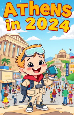 A vibrant, cartoonish children's book cover featuring a young child from the future, wearing futuristic clothing and gadgets, joyfully traveling back in time to Athens, Greece in the year 2024