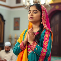A Pakistani girl performing prayers, dressed in a stylish, vibrant traditional attire that is both modest and colorful