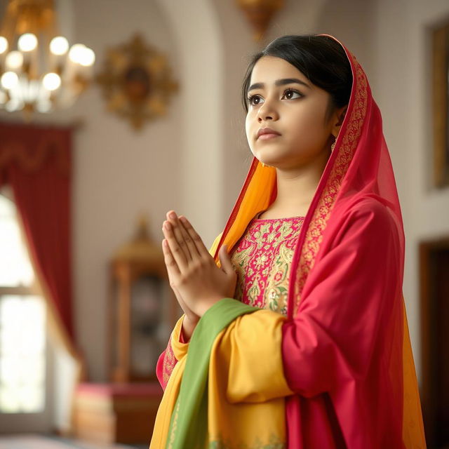 A Pakistani girl performing prayers, dressed in a stylish, vibrant traditional attire that is both modest and colorful