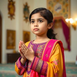 A Pakistani girl performing prayers, dressed in a stylish, vibrant traditional attire that is both modest and colorful