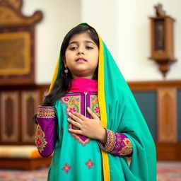 A Pakistani girl performing prayers, dressed in a stylish, vibrant traditional attire that is both modest and colorful