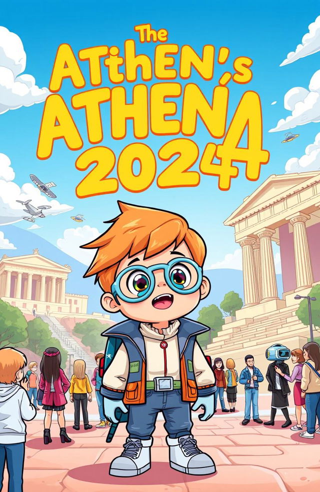 A vibrant and colorful cartoon book cover depicting a young child from the future, with futuristic clothing and accessories, looking amazed as they travel back in time to Athens, Greece in the year 2024