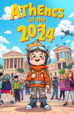 A vibrant and colorful cartoon book cover depicting a young child from the future, with futuristic clothing and accessories, looking amazed as they travel back in time to Athens, Greece in the year 2024