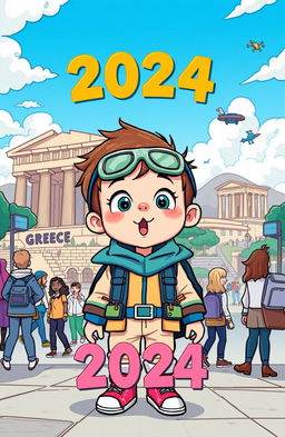 A vibrant and colorful cartoon book cover depicting a young child from the future, with futuristic clothing and accessories, looking amazed as they travel back in time to Athens, Greece in the year 2024