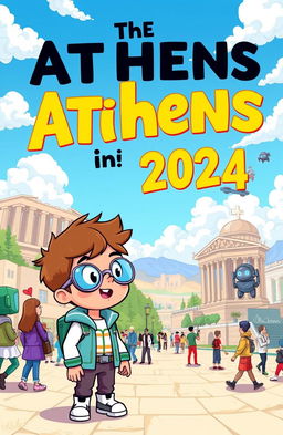 A vibrant and colorful cartoon book cover depicting a young child from the future, with futuristic clothing and accessories, looking amazed as they travel back in time to Athens, Greece in the year 2024