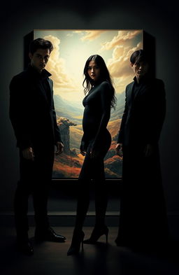 A dramatic scene featuring two male leads and two female leads, all dressed in all-black attire, their bodies merging into shadows, embodying a dark aesthetic