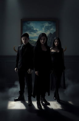 A dramatic scene featuring two male leads and two female leads, all dressed in all-black attire, their bodies merging into shadows, embodying a dark aesthetic