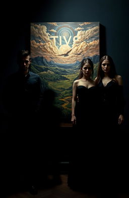 A dramatic scene featuring two male leads and two female leads, all dressed in all-black attire, their bodies merging into shadows, embodying a dark aesthetic