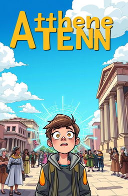 A vibrant cartoon book cover showcasing a young adult character, a teenager with futuristic attire, traveling back in time to ancient Athens