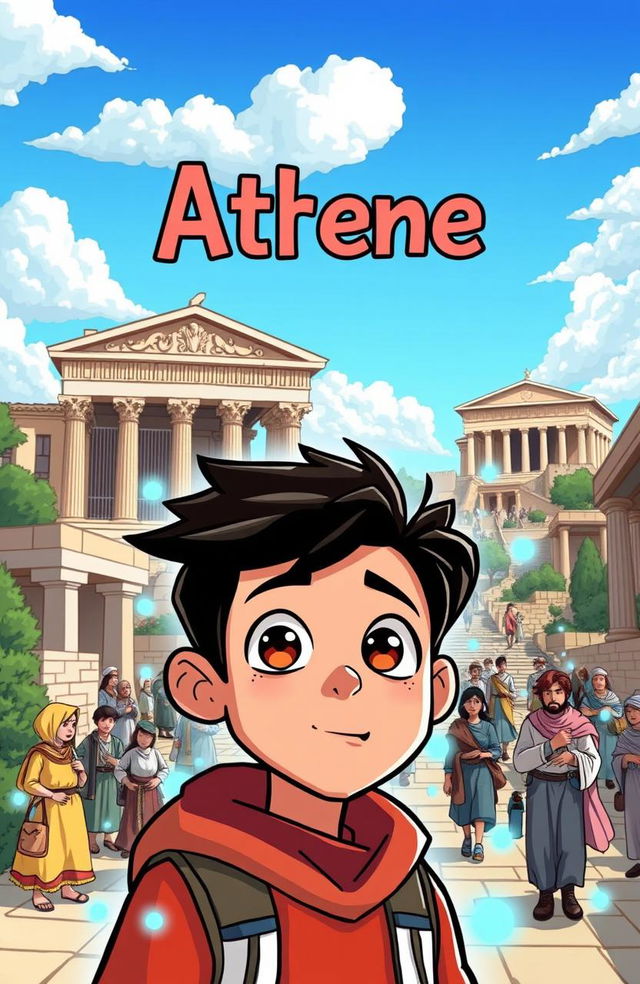 A vibrant cartoon book cover showcasing a young adult character, a teenager with futuristic attire, traveling back in time to ancient Athens