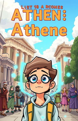 A vibrant cartoon book cover showcasing a young adult character, a teenager with futuristic attire, traveling back in time to ancient Athens