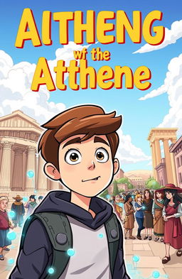 A vibrant cartoon book cover showcasing a young adult character, a teenager with futuristic attire, traveling back in time to ancient Athens