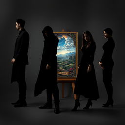 A captivating scene featuring two male leads and two female leads, all clad in all-black attire, their figures blending into the shadows, embodying a dark aesthetic