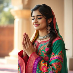 A stunning Pakistani girl dressed in a vibrant traditional outfit, featuring intricate embroidery and bright colors