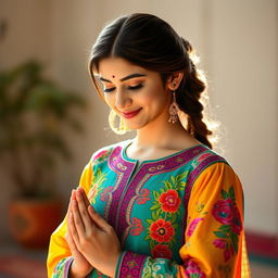 A stunning Pakistani girl dressed in a vibrant traditional outfit, featuring intricate embroidery and bright colors