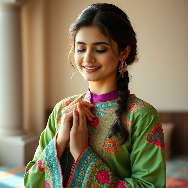 A stunning Pakistani girl dressed in a vibrant traditional outfit, featuring intricate embroidery and bright colors