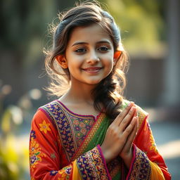 A stunning Pakistani girl dressed in a vibrant traditional outfit, featuring intricate embroidery and bright colors