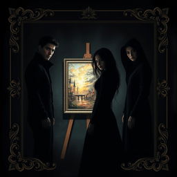 An atmospheric composition featuring two male leads and two female leads, all enveloped in all-black clothing, their forms subtly blending into the shadows, capturing a dark aesthetic