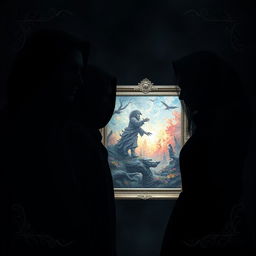 An atmospheric composition featuring two male leads and two female leads, all enveloped in all-black clothing, their forms subtly blending into the shadows, capturing a dark aesthetic