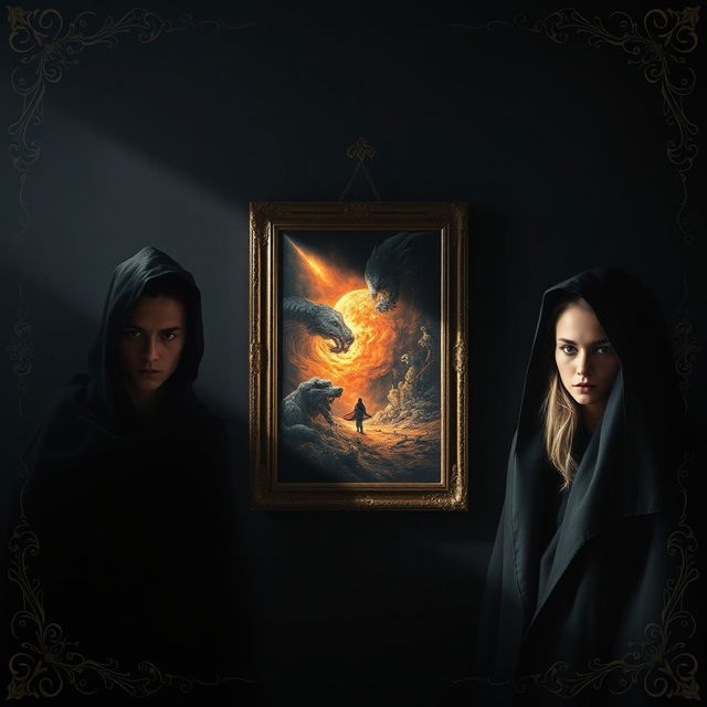 An atmospheric composition featuring two male leads and two female leads, all enveloped in all-black clothing, their forms subtly blending into the shadows, capturing a dark aesthetic