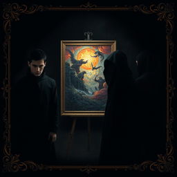 An atmospheric composition featuring two male leads and two female leads, all enveloped in all-black clothing, their forms subtly blending into the shadows, capturing a dark aesthetic