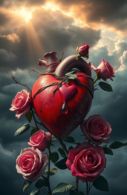 An emotional fusion of pain and love, visually represented by a heart being pierced by a thorny vine, surrounded by blooming roses that symbolize beauty and love